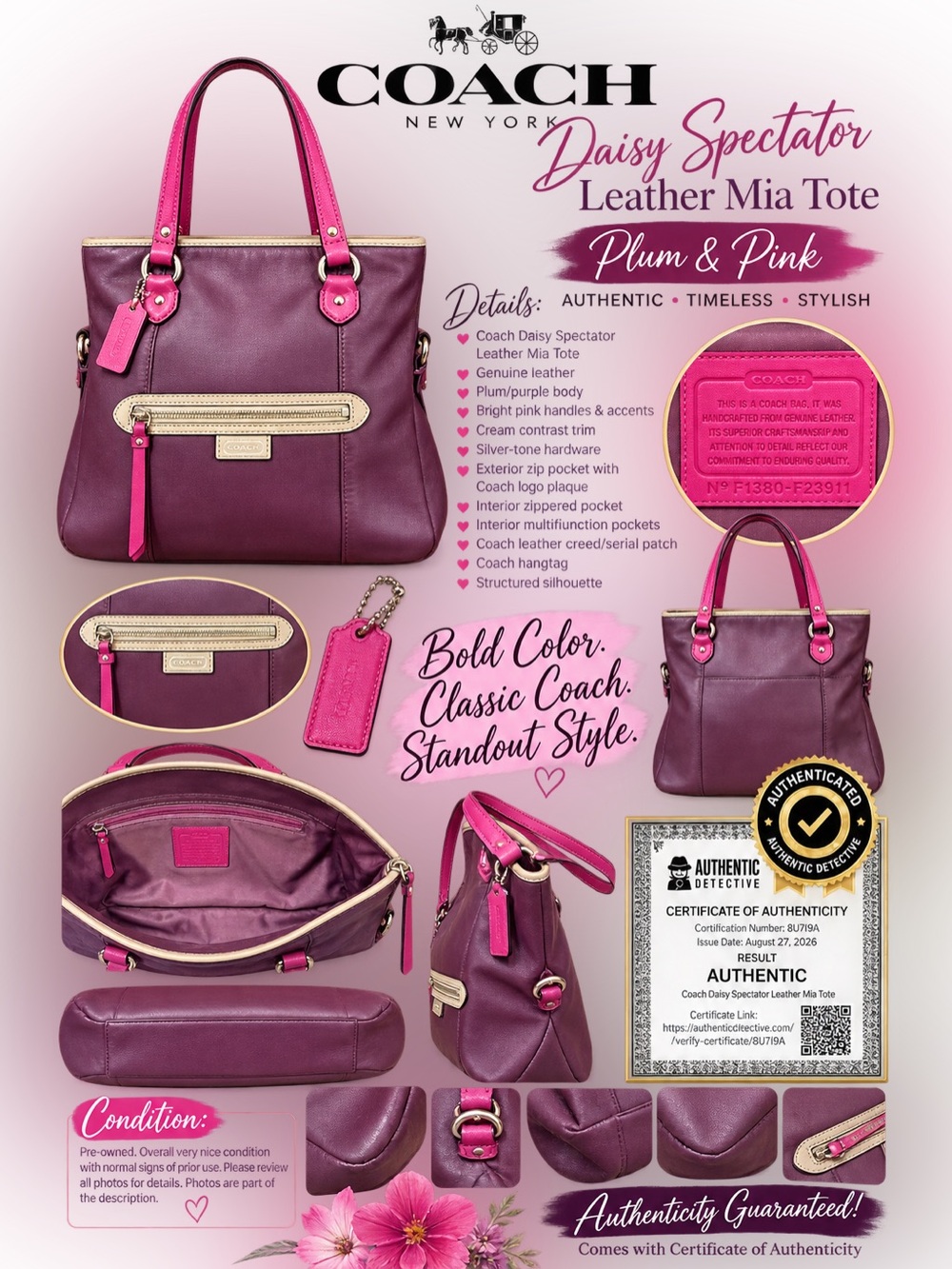 Coach Daisy Spectator Leather Mia Tote – Plum & Pink – AUTHENTICATED